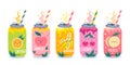 Vector soda cans with straws. Set of colorful soda drinks in aluminium cans with cute fruit characters. Different