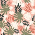 Vector soft pastel tropical leaves seamless pattern repeat.