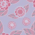 Vector soft purple seamless pattern with doodle pink flowers. Royalty Free Stock Photo