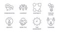 Vector soft skills icons. Editable stroke. Interpersonal attributes symbols succeed in workplace. Communication teamwork
