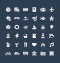 Vector solid icons set with travel, tourism flat symbols. Summer vacation, hotel room service, luggage, sunglasses