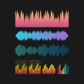 Vector sound waves set. Music colorful elements for your design on black background. Vector illustration. Royalty Free Stock Photo