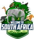 Vector south african emblem with giraffe, elephant, lions, hippo, Hartlaub`s turaco and butterflies