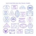 Vector south eastern asia travel visa stamps set