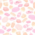 Vector spa seamless pattern with hand drawn hygiene objects - slippers, towel, soap, wisp Royalty Free Stock Photo