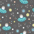 Vector space cats and solar system seamless repeat pattern background.
