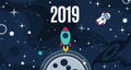 Vector space poster design background with 2019 text. Cute template with Astronaut, Spaceship, Rocket, Moon, Black Hole, Stars in