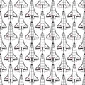 Vector Space Shuttle in Black and White on White Background Seamless Repeat Pattern. Background for textiles, cards Royalty Free Stock Photo