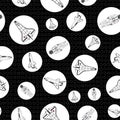 Vector Space Shuttle Ships and Suits in Black and White in White Circles on Black Background Seamless Repeat Pattern Royalty Free Stock Photo