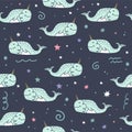 Vector space whales doodle pattern, narwhals art. Textile or wrapping paper design