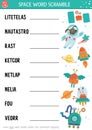 Vector space word scramble activity page. English language game with astronaut, star, rocker, planet, alien for kids. Astronomy