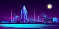 Vector spaceport, base at night with rocket Royalty Free Stock Photo