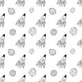 Vector spaceship seamless cartoon pattern. Black and white hand drawn doodles with spaceship, rocket, planets for paper, textile, Royalty Free Stock Photo