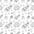 Vector spaceship seamless cartoon pattern. Black and white hand drawn doodles with spaceship, rocket, planets and stars for paper Royalty Free Stock Photo