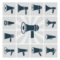 Vector speaker icons set. Flat megaphone silhouettes collection Royalty Free Stock Photo