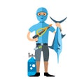 Vector Spearfisher with large Marlin fish. Spearfishing. Flat style colorful Cartoon illustration.