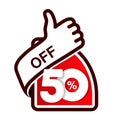 Vector special sale offer. Red tag with best choice. Discount offer price label with hand gesture. Sticker of 50 % off. Royalty Free Stock Photo