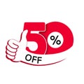 Vector special sale offer. Red tag with best choice. Discount offer price label with hand gesture. Sticker of 50 % off. Royalty Free Stock Photo