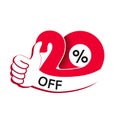 Vector special sale offer. Red tag with best choice. Discount offer price label with hand gesture. Sticker of 20 % off. Royalty Free Stock Photo