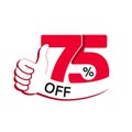 Vector special sale offer. Red tag with best choice. Discount offer price label with hand gesture. Sticker of 75 % off.
