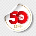 Vector special sale offer. White tag with red 50 % off. Discount offer price label. Circular sticker, coupon.