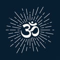 Vector speritual yoga chakra sahasrara icon with sunburst. Om meditation sign line tattoo symbol on a dark blue background
