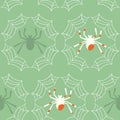 Vector Spiders on Web with Green seamless pattern background. Perfect for fabric, scrapbooking and wallpaper projects. Royalty Free Stock Photo