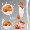 Vector splash of milk or yogurt, caramel dessert, flavored ice cream. Pieces of toffee falling into fresh milk. 3d realistic food Royalty Free Stock Photo