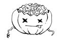 Vector spooky lineart halloween pumpkins. Vector black and white zombie pumpkin for Halloween with brains.