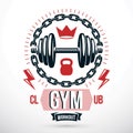 Vector sport equipment, dumbbell with disc weight and kettle bell. Fitness and heavyweight gym sport club emblem template