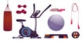 Vector sport gym exercise equipment cartoon set