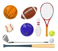 Vector sports equipment in cartoon style. Balls, rackets, golf sticks and other vector illustrations Royalty Free Stock Photo