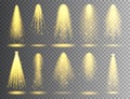 Vector spotlight set. Bright Christmas glowing light beam with sparkles. Transparent realistic glitter effect. Stage