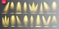 Vector spotlight set. Bright Christmas glowing light beam with sparkles. Transparent realistic glitter effect. Stage