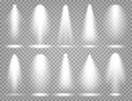 Vector spotlight set. Bright light beam. Transparent realistic effect. Stage lighting. Royalty Free Stock Photo