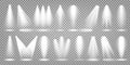 Vector spotlight set. Bright light beam. Transparent realistic effect. Stage lighting. Royalty Free Stock Photo