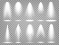 Vector spotlight set. Bright light beam. Transparent realistic effect. Stage lighting. Royalty Free Stock Photo