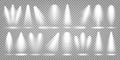 Vector spotlight set. Bright light beam. Transparent realistic effect. Stage lighting. Royalty Free Stock Photo