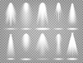 Vector spotlight set. Bright light beam. Transparent realistic effect. Stage lighting. Royalty Free Stock Photo