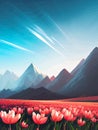 Vector spring background. Dutch landscape with tulip field, trees, hills, mountains. Royalty Free Stock Photo