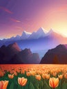 Vector spring background. Dutch landscape with tulip field, trees, hills, mountains. Royalty Free Stock Photo