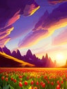 Vector spring background. Dutch landscape with tulip field, trees, hills, mountains. Royalty Free Stock Photo