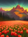 Vector spring background. Dutch landscape with tulip field, trees, hills, mountains. Royalty Free Stock Photo