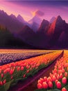 Vector spring background. Dutch landscape with tulip field, trees, hills, mountains. Royalty Free Stock Photo