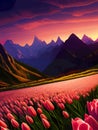 Vector spring background. Dutch landscape with tulip field, trees, hills, mountains. Royalty Free Stock Photo