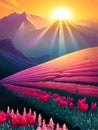 Vector spring background. Dutch landscape with tulip field, trees, hills, mountains. Royalty Free Stock Photo