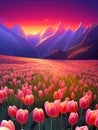 Vector spring background. Dutch landscape with tulip field, trees, hills, mountains. Royalty Free Stock Photo