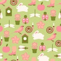 Vector spring background. Garden tools set. Seamless color pattern. Royalty Free Stock Photo