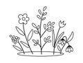 Vector spring black and white flower bed icon. First blooming plants outline illustration. Floral clip art or coloring page. Cute