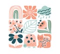 Vector spring ethnic logo composition pattern of rainbow, sun, cloud leaf, cat flower, ladybug. Cute boho illustration